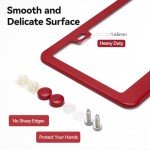 Ohuhu Matte Aluminum License Plate Frame with Red Screw Caps, 2Pcs 2 Holes Red Licenses Plates Frames, Car Licenses Plate Covers Holders for US Vehicles