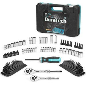 DURATECH 93 Piece Mechanics Tool Set, SAE/Metric Drive Socket Set(1/4 Inch and 3/8 Inch) with Ratchet handle Spark Plug Magnetic bit driver and Tool Accessories Set