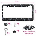 Sparkly Rhinestone License Plate Frame for Women - Stainless Steel with 1200 Black Glass Crystals