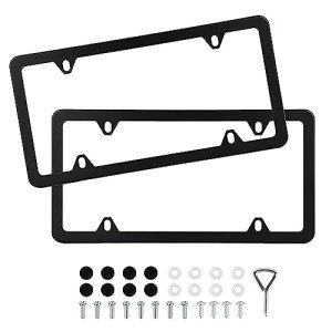 QUANQIUFEI 2 Pack Black License Plate Frames, Stainless Steel License Plate Cover, Matte License Plate Holder Car Accessories with Screw Caps (4 Holes)