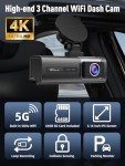 3 Channel 5G WiFi Dash Cam, 4K+1080P+1080P Dash Cam Front and Rear Inside with 64GB Card, 3.16” IPS Screen, G-Sensor, Loop Recording, Parking Monitor, 170° Wide Angle, IR Night Vision, WDR, Silver