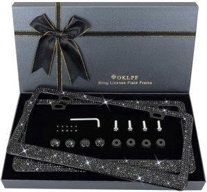 OKLPF Bling License Plate Frame for Women, 2PCS Sparkly License Plate Frames| Over 1200 pcs14 Facets Bedazzled Clear Glass Diamond Rhinestone Crystals w/Free Glitter Diamond Box (Black)