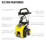 Kärcher Pressure Washer K1700, 3 Spray Nozzles, Detergent Tank, For Cars, Driveways, Siding, Patios, 2125 max. PSI, 1.46 max. GPM