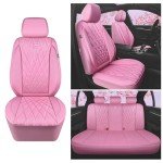 CAR PASS 5 Seats Piping Luxury Leather Seat Covers Full Set, Anti-Slip Waterproof Seat Covers Compatible with Front Armrests, Universal Fit for Suvs,Vans,Trucks,Airbag Compatible, Pure Pink