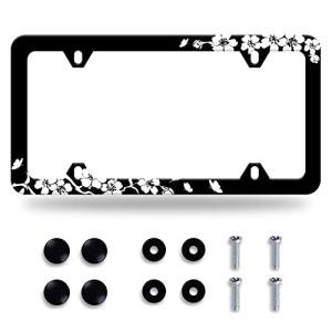 Black White Cherry Blossoms License Plate Frame Floral Flowers License Plate Stainless Steel Parts Colorful License Plate Decorative with Screws Size 12.3" x 6.3" Men Women
