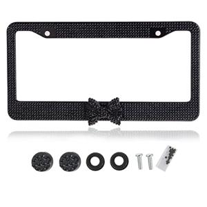 Fashion Premium Handmade Crystal License Plate Frames,Waterproof Bling License Plate Covers,US Universal Rhinestone License Plate Holder for Women(1 Frame,Black Frame Black Bowknot)