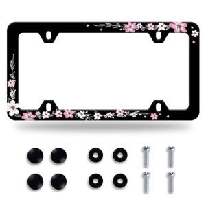 Pink Cherry Blossom Floral License Plate Frame 1 Pack Stainless Steel Car Beautiful Sakura License Plate Accessory Personalize Decor 12.3" X 6.3" with 4 Holes Screw for Women