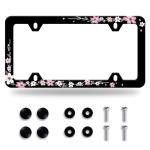 Pink Cherry Blossom Floral License Plate Frame 1 Pack Stainless Steel Car Beautiful Sakura License Plate Accessory Personalize Decor 12.3" X 6.3" with 4 Holes Screw for Women