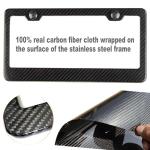 ZXFOOG Carbon Fiber License Plate Frame- 100% Handcrafted Real Carbon Fiber Cloth Wrap Holder, Wide Edge Black Stainless Steel Car Tag Cover with Stainless Steel Screws Caps, 1 Pack 2 Hole