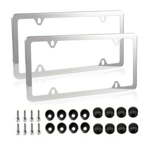 Fashion 4 Holes Slim Polish Mirror License Plate Frames,Stainless Steel License Plate Cover,Weather Proof License Plate Holder(4 Holes Super Slim Silver,2PCS)