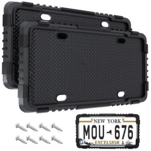 Crossarctic Black Silicone License Plate Frames, 2 Pack License Plate Holder Bracket Without Obstruction, Universal License Plate Cover | Rust-Proof, Anti-Rattle, Weather-Proof for US Car