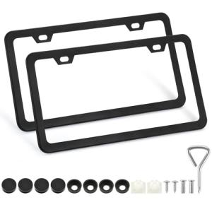 2 Pack License Plate Frames, 2 Holes Matte Black License Plate Frame,Aluminum License Plate Holder with Free Screws Fasteners Caps and Tool