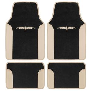 BDK carXS Fresh Two-Tone Carpet Floor Mats, Tribal Tattoo Design with Vinyl Trim for Car Sedan Truck SUV, Front & Rear Set of 4, Beige