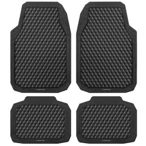 CAR PASS Black Rubber Car Mats, All-Weather Floor Mats Full Set Durable Anti-Slip 3D Rhombus Waterproof Automotive Pad Trim to Fit Liner Universal Fit for Sedan SUV Truck Van, 4 Pcs All Black Rubber