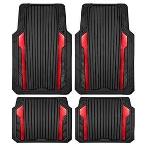 CAR PASS Heavy Duty Rubber Car Mats Metallic, Aluminum Film All Weather Floor Mats Waterproof Universal Trim to Fit Automotive SUV Sedan Van 4 Piece Anodized Deep Dish Two-Tone Sporty Black Red Chrome