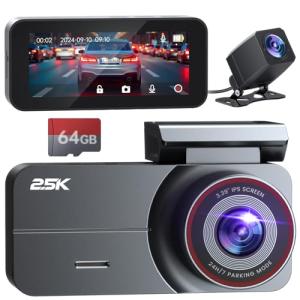 Dash Cam Front and Rear, 2.5K /1080P QHD Dual Dash Camera for Cars, Super Night Vision Dashcam, Loop Recording, 3.39” IPS, 64GB Card Included, 160° Wide Angle, Parking Mode - Black Pro