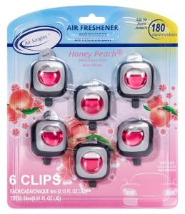 Air Jungles Honey Peach Scent Car Air Freshener Clip, 6 Vent Clips, 4ml Each, Long Lasting Air Freshener, Up to 180 Days Car Refresher Odor Eliminator