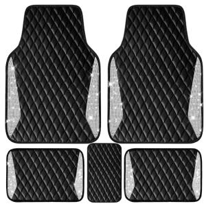 CAR PASS Bling Leather Car Mats Shining Diamond Floor Mats Crystal Rhinestone Sparkly Glitter Carpet Anti-Slip Waterproof Pad Universal Fit Automotive SUV, Sedan, Van, 5pcs Girl Women, Black Silver