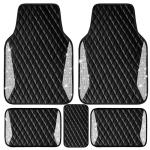 CAR PASS Bling Leather Car Mats Shining Diamond Floor Mats Crystal Rhinestone Sparkly Glitter Carpet Anti-Slip Waterproof Pad Universal Fit Automotive SUV, Sedan, Van, 5pcs Girl Women, Black Silver