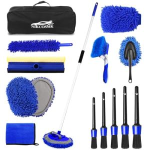 62'' Car Wash Brush Kit Mitt Mop Sponge with Long Handle, 1 Chenille Scratch-Free Replacement Head, Windshield Window Squeegee,Car Duster,Car Detailing Brushes,Tower,Car Cleaning Kit for Cars RV Truck