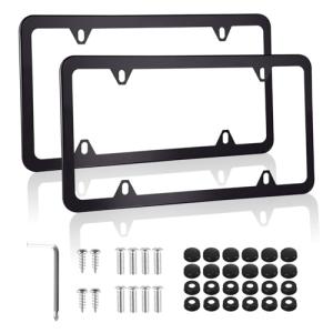 Alpmosn 2PCS Stainless Steel License Plate Frames, 4 Holes Car Licence Plate Covers with Screws Washers and Caps, Car Exterior Accessories, License Plate Holder for US Vehicles (Black)