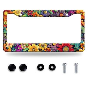 Bright Flowers Colorful Floral License Plate Frame Flower License Plate Stainless Steel Funny License Plate Holder for Women Cute Car Accessory Decoration 12.3" x 6.3"