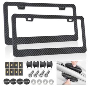 Carbon Fiber License Plate Frames- Black Plastic Car Tag Holder, 2 Pack 2 Hole Front Rear Bracket with Screw Caps and Car Door Handle Stickers