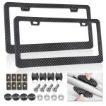 Carbon Fiber License Plate Frames- Black Plastic Car Tag Holder, 2 Pack 2 Hole Front Rear Bracket with Screw Caps and Car Door Handle Stickers