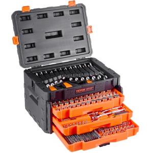 VEVOR Mechanics Tool Set and Socket Set, 450 Pcs, 1/4, 3/8 and 1/2 inch Drive Deep and Standard Sockets, SAE Metric Mechanic Tool Kit with Bits, Wrenches, Accessories, Storage Case with Orange Drawer