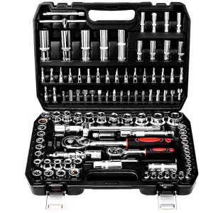 TLGREEN 108 Pcs Mechanic Socket Tool Kit,CR-V Steel Metric And Standard 1/4" & 1/2" Ratchet set,Universal Joint,Extension Bars,Adapter,Quick Release Ratchet Wrench,Tool Box Set for Car Garage Dorm