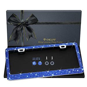 Bling License Plate Frame for Women, 1PCS Sparkly License Plate Frames| Over 1200 pcs 14 Facets Bedazzled Clear Glass Diamond Rhinestone Crystals w/Free Glitter Diamond Box (Dark Blue)