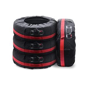 Geloo 4PCS Tire Cover, Seasonal Tire Totes,Polyester Wheel Tires Storage Bags, Waterproof Dustproof Wheel Covers Fit for 19"-23" Tyres (Diameter 80cm)-Black/Red
