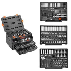 VEVOR Mechanics Tool Set and Socket Set, 1/4" 3/8" 1/2" Drive Deep and Standard Sockets, 450 Pcs SAE and Metric Mechanic Tool Kit with Bits, Hex Wrenches, Combination Wrench, Accessories, Storage Case