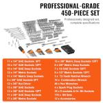 VEVOR Mechanics Tool Set and Socket Set, 1/4" 3/8" 1/2" Drive Deep and Standard Sockets, 450 Pcs SAE and Metric Mechanic Tool Kit with Bits, Hex Wrenches, Combination Wrench, Accessories, Storage Case