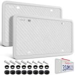 Aujen Silicone License Plate Frames, 2 Pack White Side-Opening License Bracket Holder, Without Obstruction. Rustproof, Rattle Proof & Weatherproof Universal