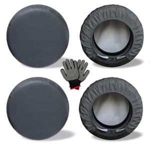 Hoyumdonto Heavy Duty Rv Tire Covers Set of 4, Tough Waterproof Wheel Covers for Boat Trailer Camper Truck Motorhome Van SUV Jeep Car, Sun Rain Wheel Protecter, 27-29 Inch Tire Diameter, Gloves