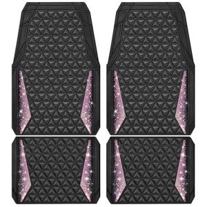 CAR PASS Bling Rubber Car Mats Diamond Floor Mats Full Set Anti-Slip 3D Rhombus Waterproof Universal Trim to Fit Liner Glitter Crystal Sparkly Shining Rhinestone Girl Women SUV Sedan Van, Black Pink