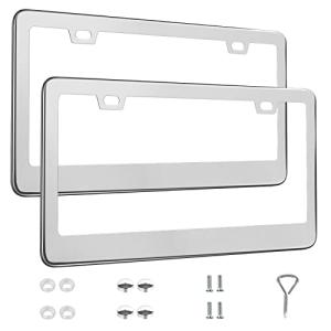QUANQIUFEI 2 Pack License Plate Frames, Stainless Steel Car License Plate Cover Car Accessories with Screw Caps (Silver)