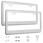 QUANQIUFEI 2 Pack License Plate Frames, Stainless Steel Car License Plate Cover Car Accessories with Screw Caps (Silver)