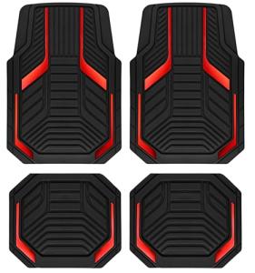 PIC AUTO Heavy Duty Rubber Floor Mats, Red Aluminum Film Car Mats Set, Front and Rear Car Mats with Anti-Slip Backing, All Weather Protection, Trim-to-Fit for Automotive SUV, Sedan, Van