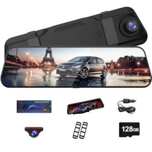 4K Dual Dash Cam for Cars, 9.66” Touchscreen Mirror Camera with WiFi, CarPlay, Suitable for All Models, Front 4K + Rear 1080P Recording, Night Vision, Parking Assist, 128G sd Card