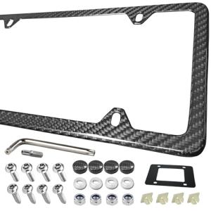 Carbon Fiber License Plate Frame - Handcrafted Premium Stainless Steel with Real Carbon Wrap, Universal 4-Hole Slim Black Car Tag Holder Includes Screws & Caps