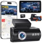 Faninso Dash Cam Front and Rear, 4K Full HD Dual Dash Camera for Cars, Built-in Memory Card Monitoring, 64GB Card, 5G WiFi GPS, Car Camera with 3" IPS Screen, 2160P Night Vision, 24H Parking Monitor