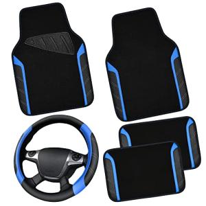CAR PASS Leather Steering Wheel Cover and Waterproof Car Floor Mats,Microfiber Universal Car Combo Fit for 95% Sedan,SUV,Cars,14.5-15inch Sporty Anti-Slip Safety Comfortable Design(Black＆Blue)