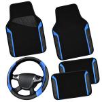 CAR PASS Leather Steering Wheel Cover and Waterproof Car Floor Mats,Microfiber Universal Car Combo Fit for 95% Sedan,SUV,Cars,14.5-15inch Sporty Anti-Slip Safety Comfortable Design(Black＆Blue)