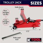 K Tool International 63097A 2 Ton Automotive Trolley Floor Jack with Jack Stands for Garages, Repair Shops, and DIY, 4,000 lbs. Capacity, Hydraulic Lifting Range 5-1/8" to 13", Heavy Duty Steel, Red