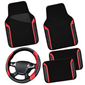 CAR PASS Leather Steering Wheel Cover and Waterproof Car Floor Mats,Microfiber Universal Car Combo Fit for 95% Sedan,SUV,Cars,14.5-15inch Sporty Anti-Slip Safety Comfortable Design(Black＆Red)