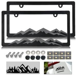 NJNYLLC Mountain License Plate Frames - Plastic Car Tag Holders with Raised Mountain Design, Gray on Black, 2 Pack 2 Hole with Screws & Caps, Mountain Vinyl Sticker Included