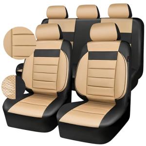 CAR PASS Leather Seat Covers Full Set Universal Water Resistant 3D Foam Back Support, Luxury Comfort Automotive 5 Seat Covers All Season Fit for SUV,Sedan,Van, Airbag Compatible Elegance(Beige Black)