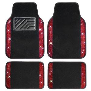 CAR PASS Bling Diamond Car Floor Mats, Shining Rhinestone Carpet Sparkly Glitter Crystal with Anti-Slip PVC Heel Pad Waterproof Universal Fit Automotive SUV,Sedan,Van,Cute Girl Women,4pcs Black Red